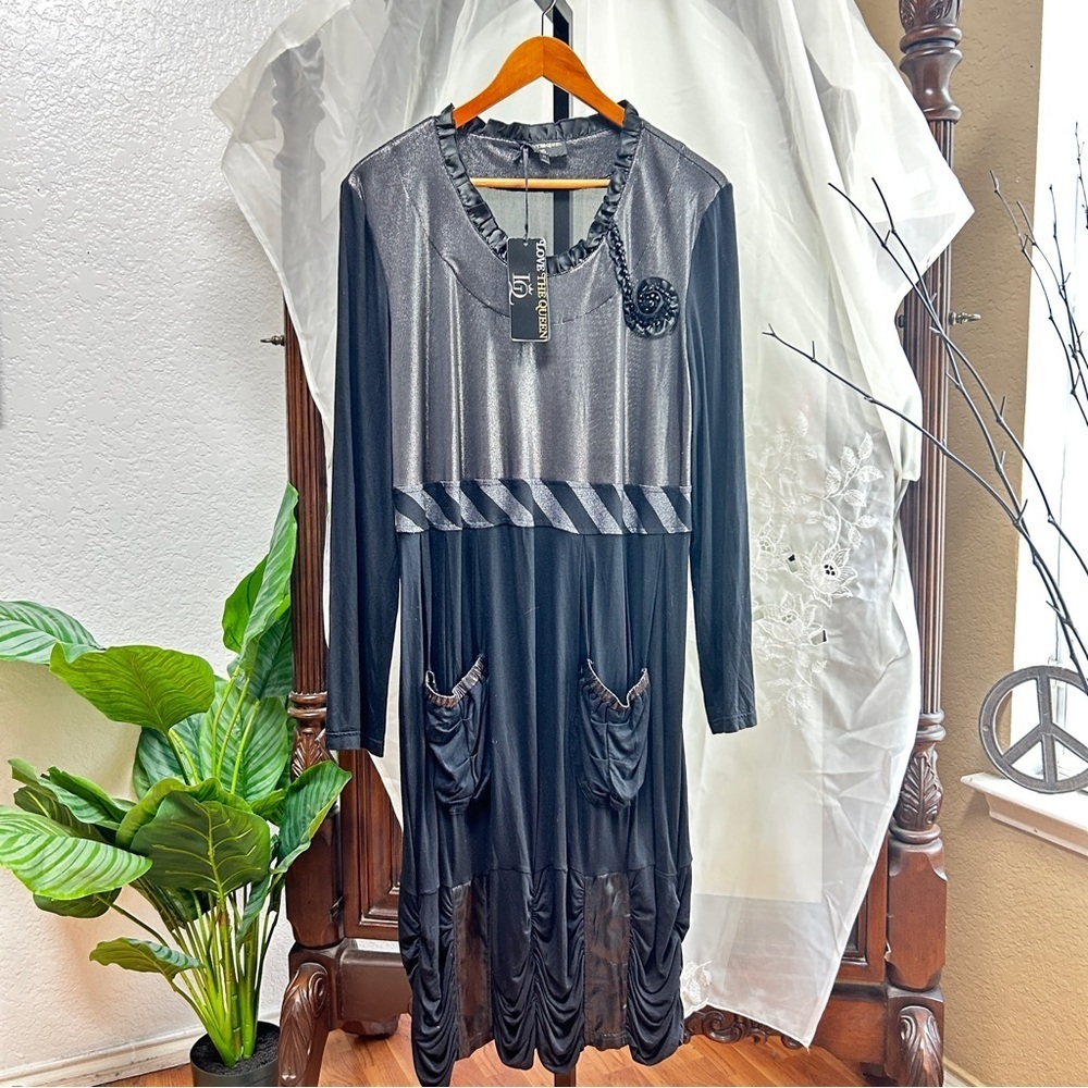 Love the Queen black lagenlook black draping dress with pockets medium new boho